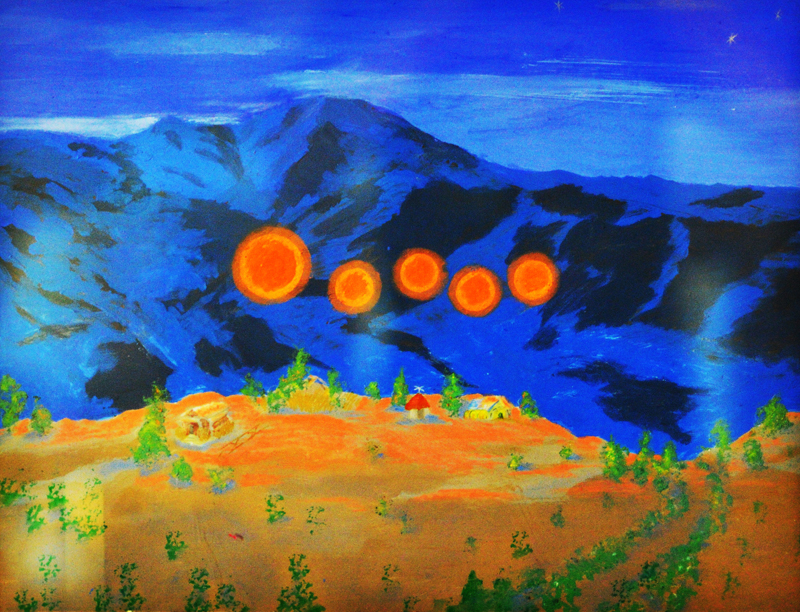 Sedona Arizona 1950 painting of Orange spheres that were encountered by the arrtist 